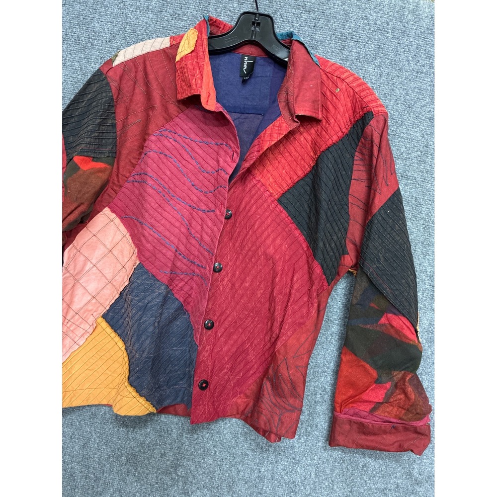 Nhm Patchwork Cotton Kantha Stitch Jacket Red Orange Boho Artisan S/M